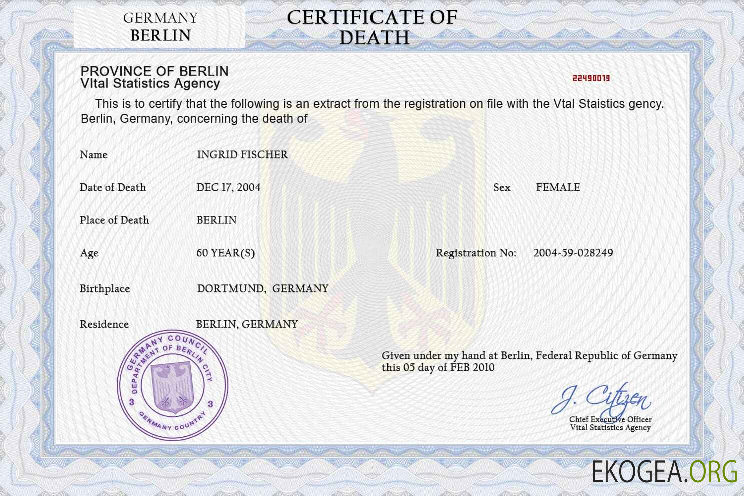 Modèle PSD de certificat de décès en Allemagne, entièrement modifiable